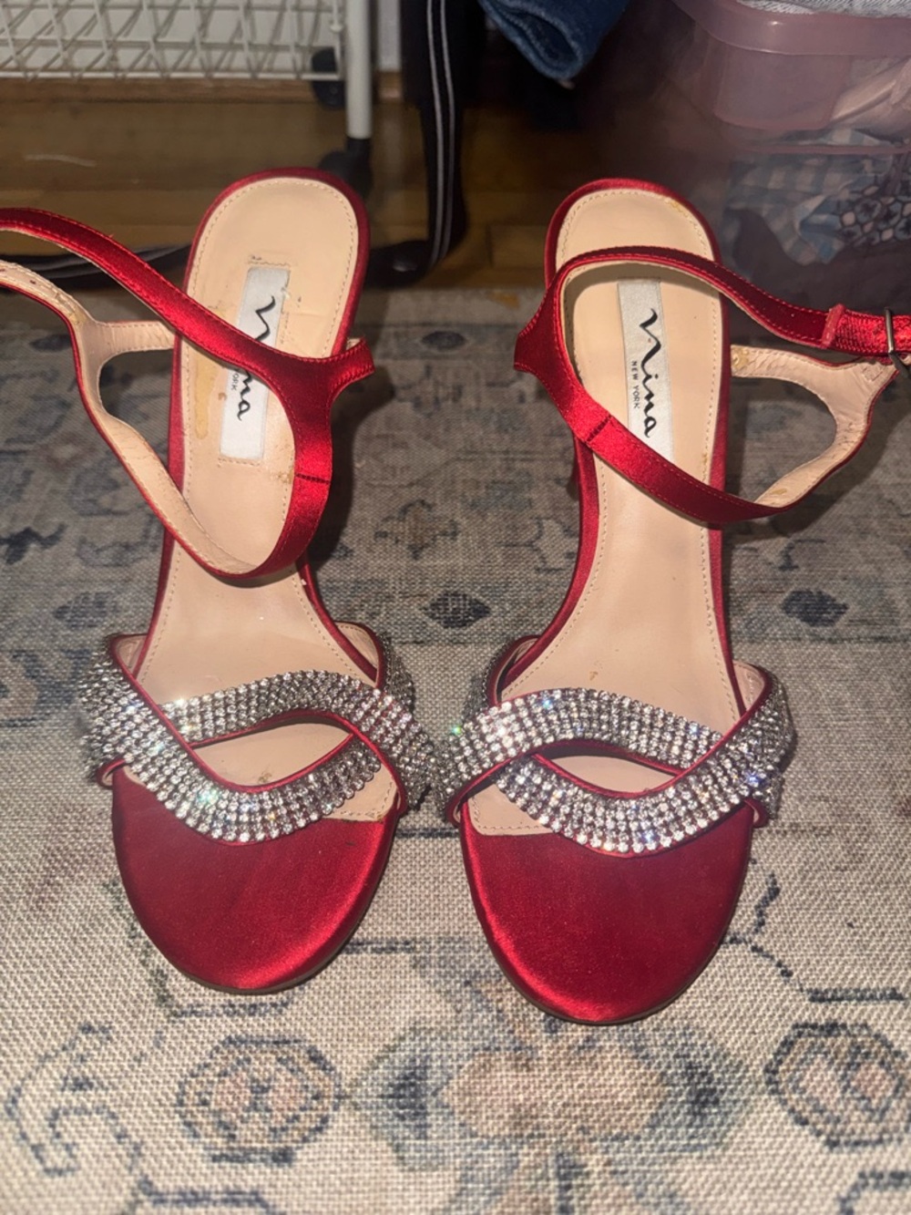 Nina Red Satin Stiletto Heels w/ Crystal Straps - Picture 5 of 5